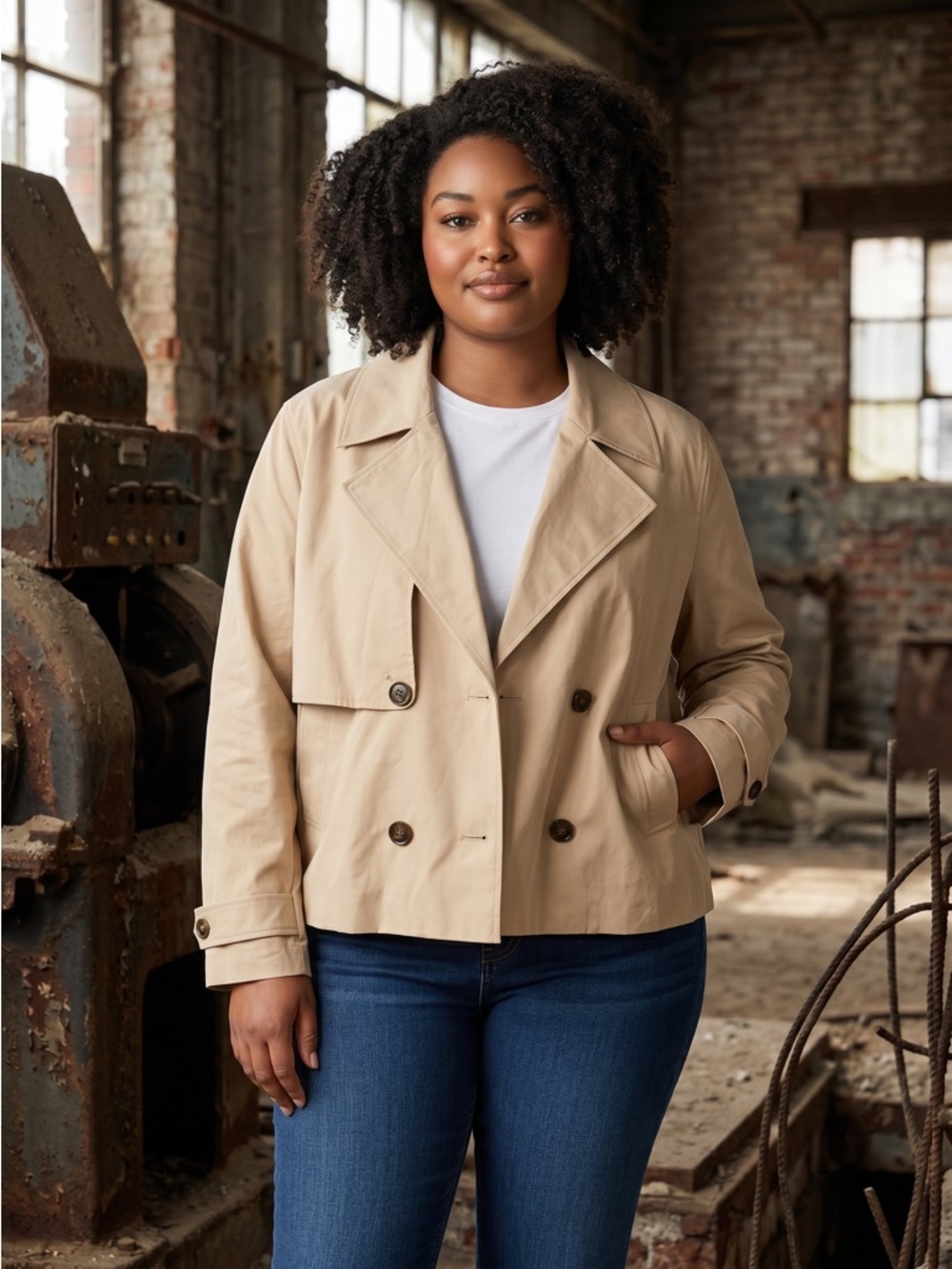 The Drop Women's Beige Cropped Double-Breasted Trench Coat